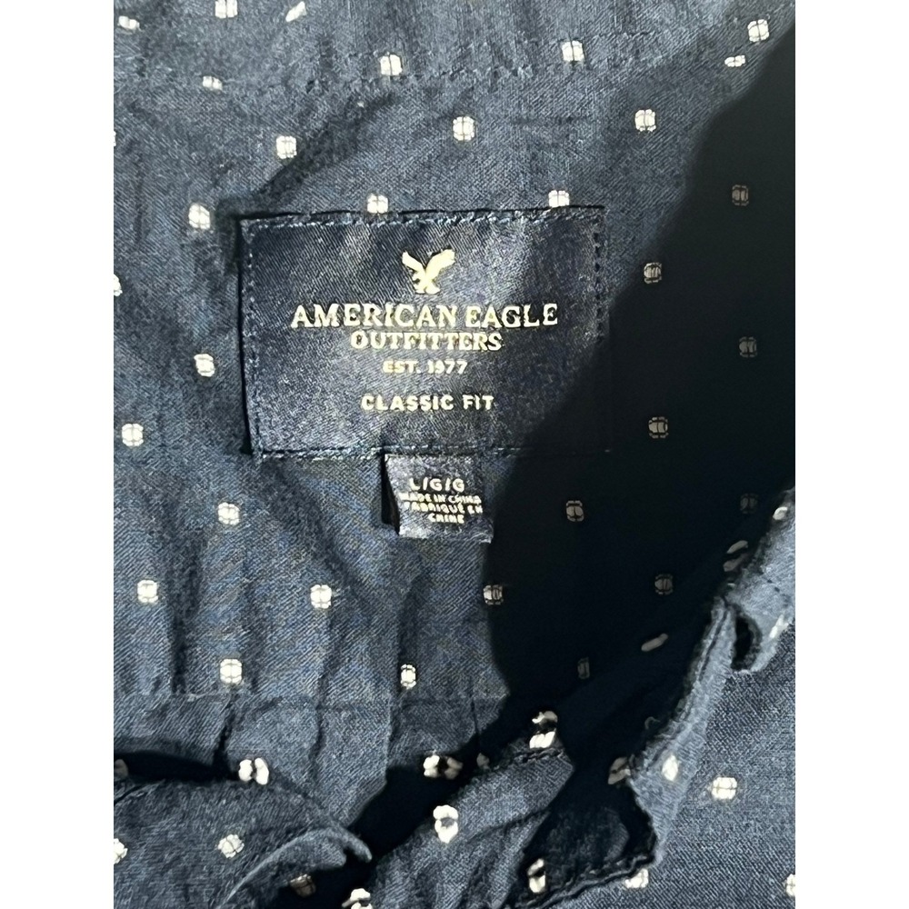 American Eagle Mens Navy Blue White Dot Button Down Shirt Classic Fit Large